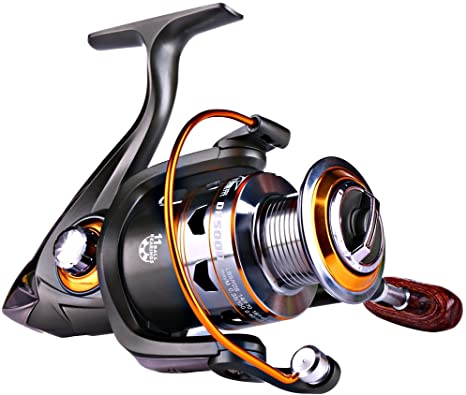 Sougayilang Spinning Fishing Reels with Left/Right Interchangeable Collapsible Wood Handle Powerful Metal Body 5.2:1/5.1:1 Gear Ratio Smooth 11BB for Inshore Boat Rock Freshwater Saltwater Fishing