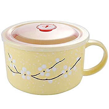Asian Noodle Soup Bowl with Lid, Japanese Style Microwavable Ceramic Noodle/Soup Bowls Lid with and Handles (Yellow)