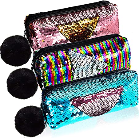 3 Pieces Sequin Cosmetic Bag Mermaid Spiral Reversible Sequin Student Pencil Case for Girls Double Color Zipper Make Up Bag (Classic Pattern)