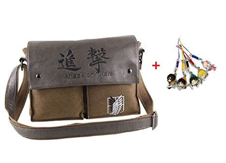 Createreedo Anime Attack on Titan Canvas Messenger Bag with 5 Pieces Phone Charms