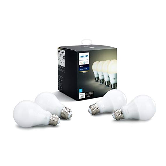 Philips Hue White 4-Pack A19 60W Equivalent Dimmable LED Smart Bulbs, 4 A19 60W White Bulbs, Compatible with Amazon Alexa Apple HomeKit and Google Assistant (California Residents)