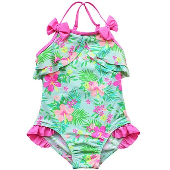 Girls Floral Print Bowknot Swimwear One-Piece Spaghetti Straps Swimsuit Swimming Costume