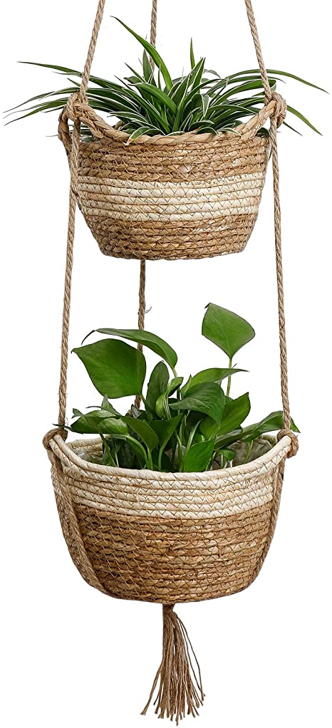 Seagrass Hanging Planters Basket Indoor - Hanging Two Layers Natural Seagrass Basket Flower Pot Holder Containers Storage Organizer with Waterproof Plastic Liner, 41.3 Inch Long(Brown&Beige)