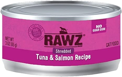 Rawz Natural Premium Shredded Canned Cat Wet Food - Grain Free Made with Real Meat Ingredients No BPA or Gums - 3oz Cans - 18 Count (Tuna & Salmon)