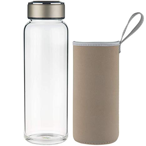 SHBRIFA Borosilicate Glass Water Bottle 18oz / 32oz, BPA Free Glass Drinking Bottle with Neoprene Sleeve and Leak-Proof Lid