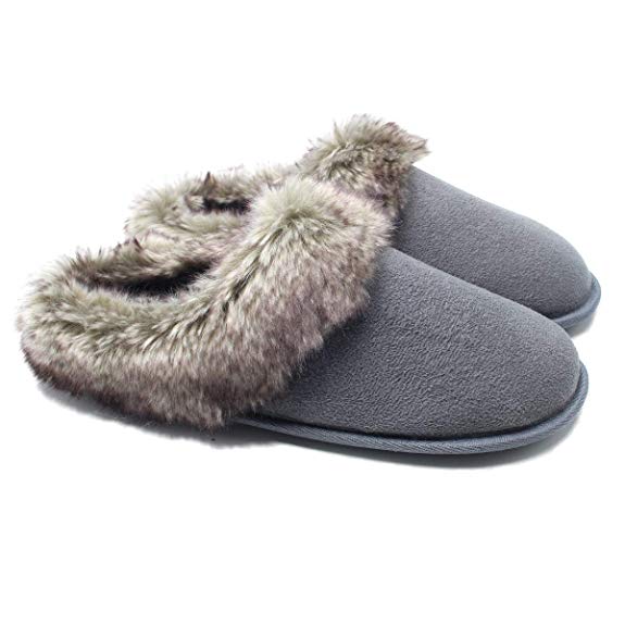 Ofoot Men's & Women's Micro Suede Winter Slippers Cable Knit Lining, Furry Cuff Indoor Slippers with EVA Sponge Anti-Slip