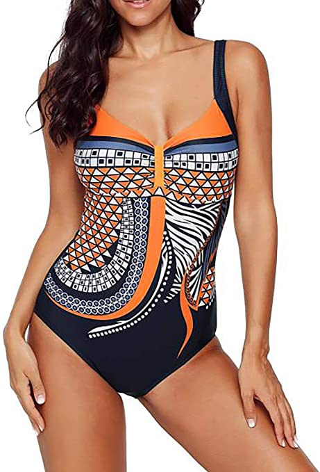 Bsubseach Sexy Women Tribal Print One Piece Swimwear Tummy Control Bathing Suits V Neck Monokini Swimsuit