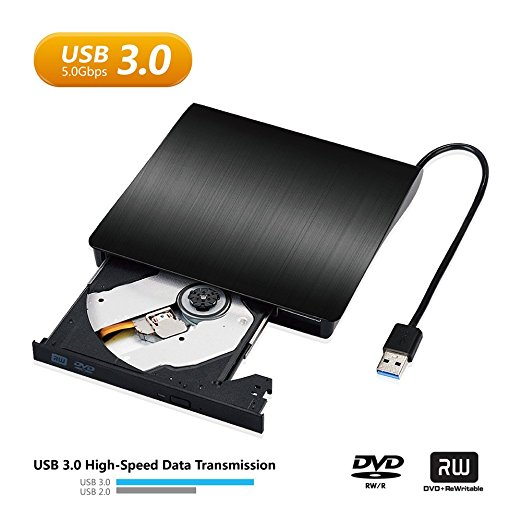 Portable External CD DVD Burner Drive, USB 3.0 Slim CD DVD  /-RW ROW Writer Player Reader for Macbook Laptop/Desktops Win 7/8.1/10 and Linux OS