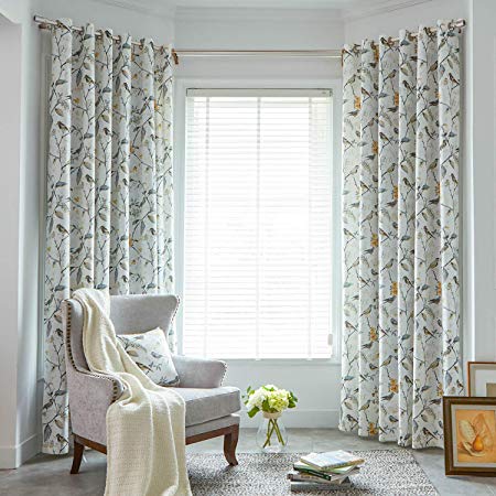 VOGOL Birds and Floral Printed Grommet Curtains Retro Style Room Darkening Window Drapes for Living Room Bedroom, 52x84, Gray