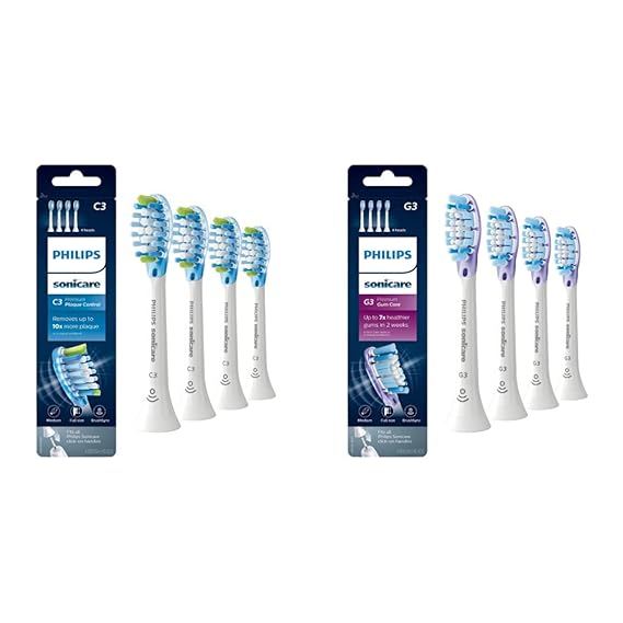 Philips Sonicare Genuine C3 Premium Plaque Control Toothbrush Heads, White, HX9044/65 & Philips Sonicare Genuine G3 Premium Gum Care Replacement Toothbrush Heads, 4 Brush Heads, White, HX9054/65