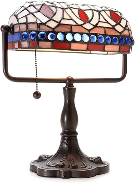 Warehouse of Tiffany KS20 MB50 12-inch Stained Glass Blue Gemstones Desk Lamp, Brown