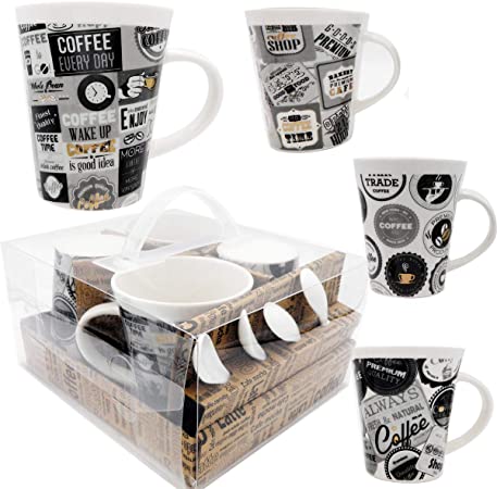 Coffee Mug with Spoon- Set of 4 Coffee mugs (10 Ounce) Best Ceramic cup set with distinctive assorted Coffee vintage phrases, Boxed gift set