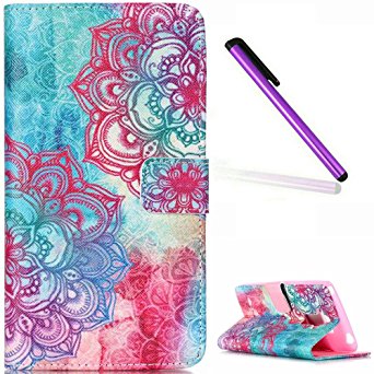 For LG G Stylo/LS770/G4 Stylus(5.7-inch[NOT for LG G4])Case,EMAXELER Flip Synthetic Leather Magnetic Wallet Case for LG G Stylo/LS770/G4 Stylus (Built-in Credit Card/ID Card Slot)- Blue & Red Flower