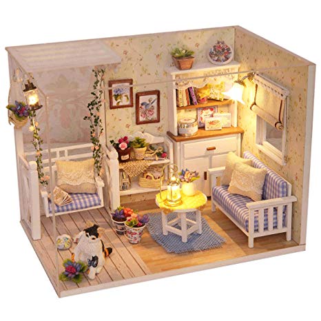 Ogrmar Wooden Dollhouse Miniatures DIY House Kit With Cover and Led Light-Cat Diary