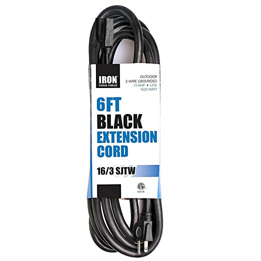 6 Ft Outdoor Extension Cord - 16/3 Heavy Duty Black Cable