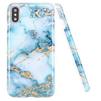 iPhone X Case, LUOLNH Aquamarine and Gold Marble Design Slim Shockproof Flexible Soft Silicone Rubber TPU Bumper Cover Skin Case for iPhone X Edition (2017 Release)