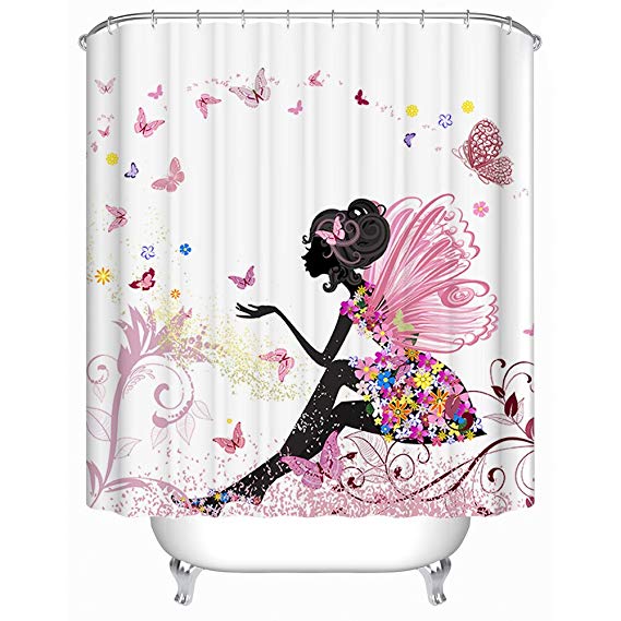 Uphome 72 X 72 Inch Trendy Pink Flower Fairy Girl with Butterfly Bathroom Curtain Ideas-White Background Heavy-Duty Fabric Shower Curtains