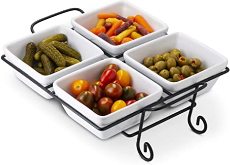 4-Piece Condiment Dish, Serving Set with Metal Rack, Ceramic Make, Great for Vegetables, Candies, Nuts, Dips