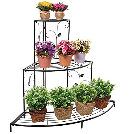 Black Floral Design Metal Step Style 3 Tier Corner Shelf Flower Pots, Planters Display Stand / Shoe Rack