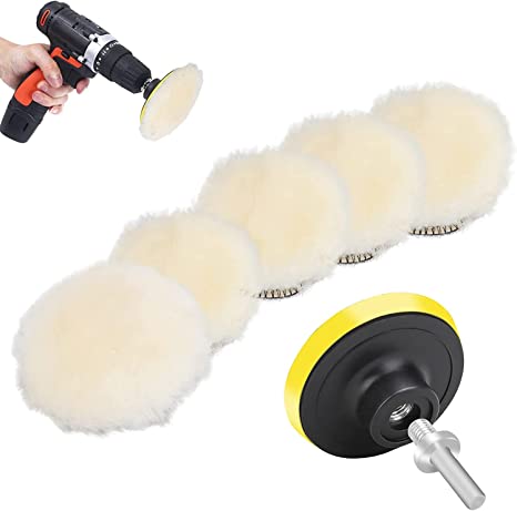 7 PCS 3 Inch Wool Polishing Buffing Pad, Polishing Buffing Wheel with Hook and Loop Back for Drill Buffer Attachment with M10 Drill Adapter Car Buffer Polisher Kit for Car Polishing, Waxing, and More