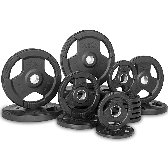 XMark Premium Quality Rubber Coated Tri-grip Olympic Plate Weights - Sold in Sets