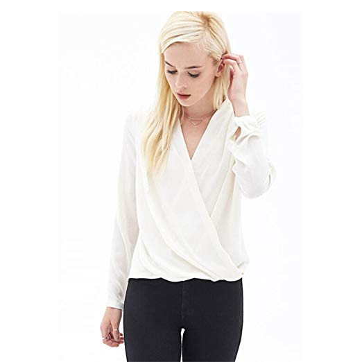 XXSS Women's New Design V Neck Sexy Blouse Long Sleeve Pure Colour Shirt