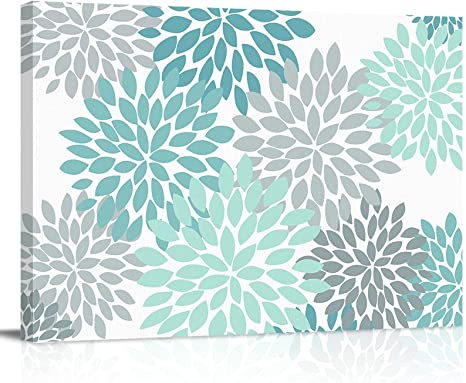 YOKOU Canvas Wall Art Decor, Vintage Dahlia Floral Print Colorful Flower Pattern Aqua Gray White Framed Paintings Print on Canvas Artwork for Bedroom Living Room Home Office Decoration, 36"x24"