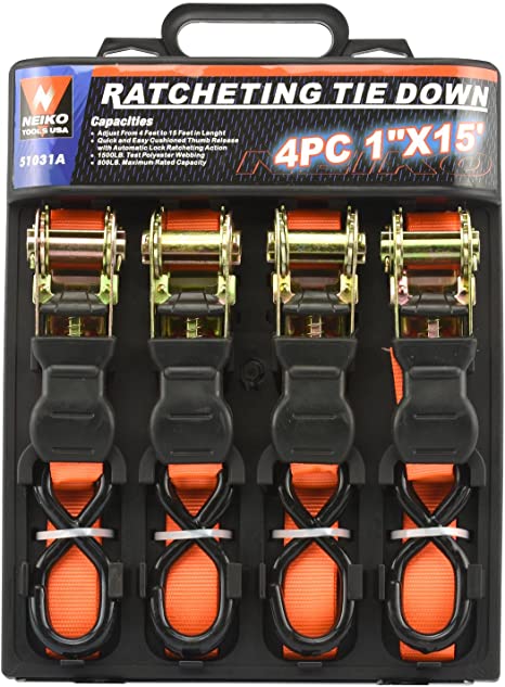 Neiko 51031A Ratcheting Tie-Down Straps with PVC-Coated Hooks 4-Piece Set