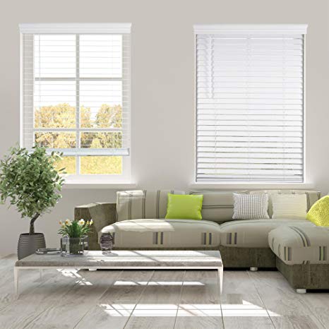 Arlo Blinds Cordless 2 Inch Faux Wood Horizontal Blinds - Size: 56" W x 60" H, White, Cordless Lift and Wand Tilt