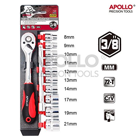 Apollo 12pc 3/8" Metric Socket Set with 72 Teeth Ratchet Drive Socket Handle with Quick Release Function, 8-21mm Socket Sizes & 150mm Extension Bar with Convenient Storage Rack Gearwrench Multi-Socket Set