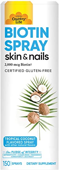 Country Life Biotin Spray 2,000mcg - Tropical Coconut Flavor - May Help Support Healthy Hair, Skin, and Nails - B Vitamins - Keratin - Easy Absorption
