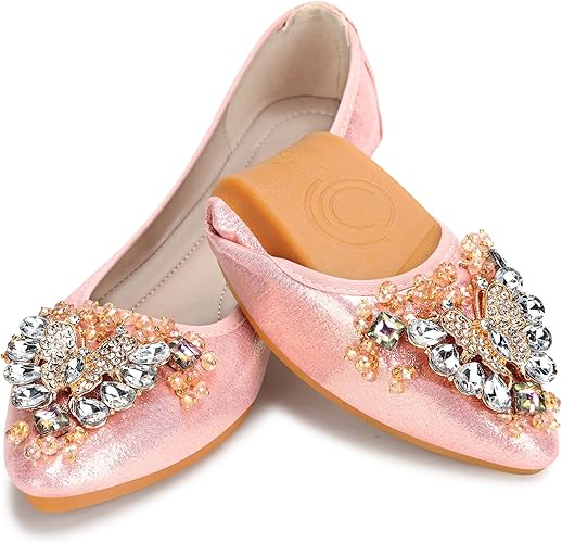 KUNWFNIX Women Ballet Flats Rhinestone Wedding Ballerina Shoes Foldable Sparkly Comfort Slip on Flat Shoes