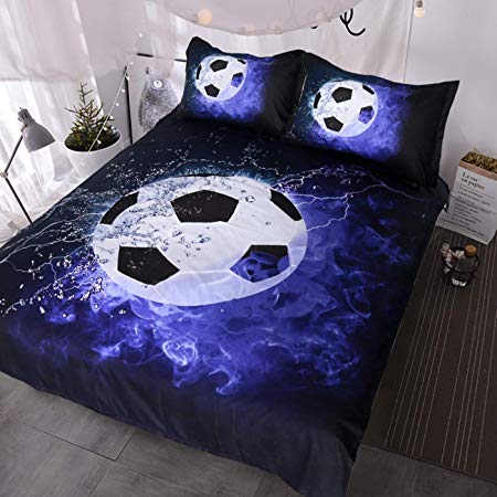 BlessLiving 3D Soccer Ball Bedding Blue Flames Teen Boys Sports Duvet Cover 3 Piece Dark Navy Blue Comforter Cover Set (Twin)