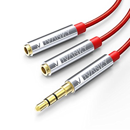 Audio Splitter, iVanky Headphone Splitter Cable - 3.5mm Audio Stereo Y Splitter Cable/ 3.5mm Male to 2 Port Female Aux Extension Cord for headphones, phone, speaker and more - (Red, Nylon Braided)