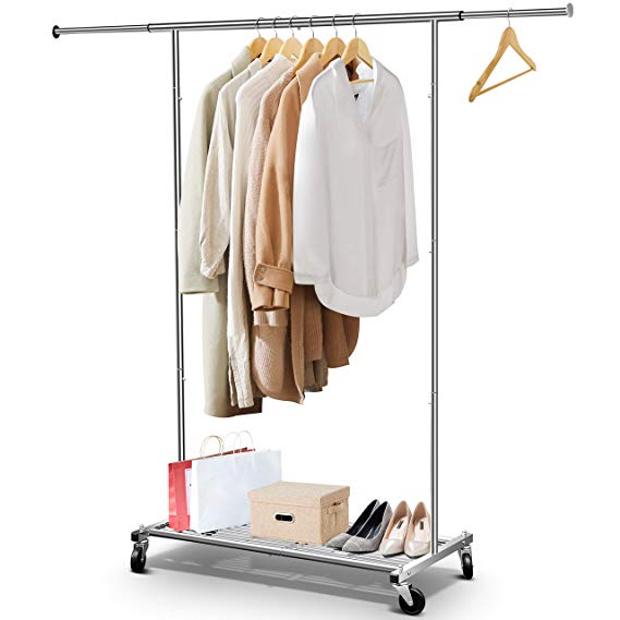 Simple Trending Clothing Garment Rack, Heavy Duty Capacity 150 lbs Commercial Grade with Wheels and Lower Storage Shelf, Extendable (Maximum 64.5" Length), Chrome