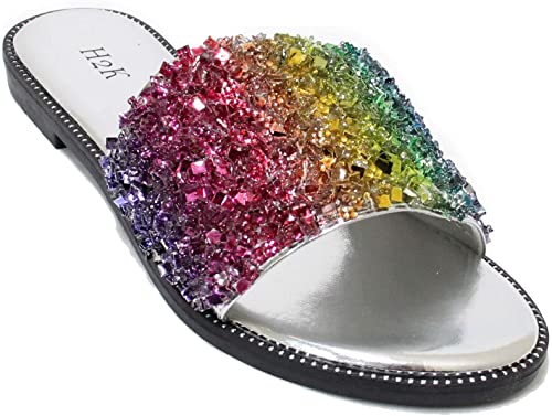 H2K Womens Glitter Bling Fancy Slide Flat Low Wedge Sparkle Sandals Shoes Dream