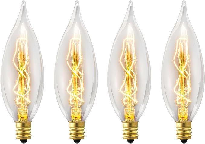 Globe Electric 01327 25W Vintage Edison CA10 Flame Tip Incandescent Filament Light Bulb 4-Pack, E12 Candalabra Base, 105 Lumens