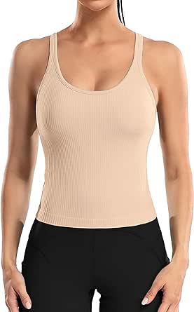 ATTRACO Women Ribbed Workout Crop Tops with Built in Bra Yoga Racerback Tank Top Tight Fit