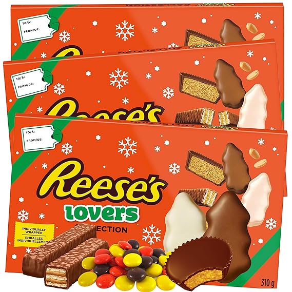 Reese's Christmas Chocolate Candy Gift Box Assortment of Milk Chocolate Peanut Butter Miniatures, Holiday Edition Individually Wrapped Boxes With Addressable Label For Stocking Stuffer Gifts, 3 Pack