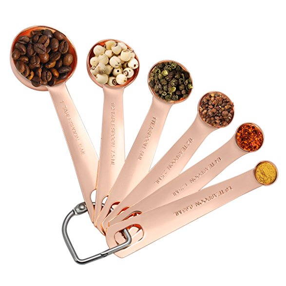 Measuring Spoons Copper - Separate Ring Bonus - Set of 6 for Dry and Liquid Ingredients - Stainless Steel Never Rust - Perfect for Baking, Cooking, Brewing, Godmorn