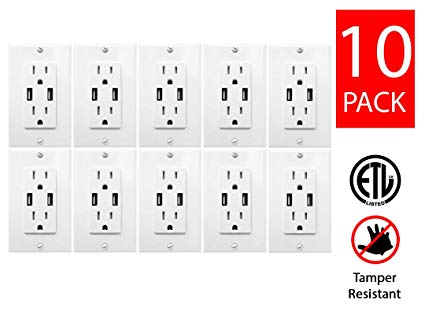 Teklectric 4.2A High Speed Dual USB Receptacle 15A Tamper Resistant Receptacle & Free Wall Plate, White - 10 Pack USB Outlet