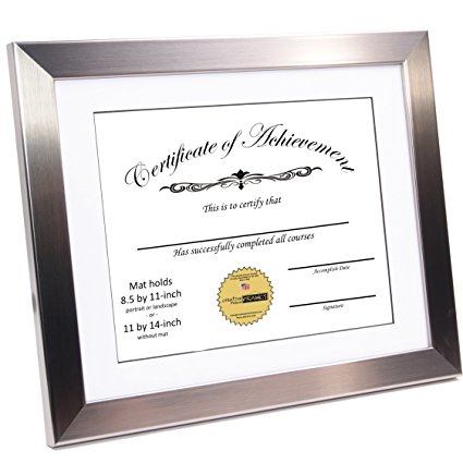 CreativePF [11x14ss-w] Stainless Steel Document Frame Displays 8.5 by 11-inch with Mat or 11 by 14-inch Certificate, Graduation, University, Diploma Frames with Stand & Wall Hanger