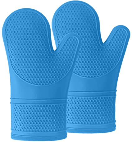 Gorilla Grip Heat Resistant Silicone Oven Mitts Set, Soft Quilted Lining, Extra Long, Waterproof Flexible Gloves for Cooking and BBQ, Kitchen Mitt Potholders, Easy Clean, Set of 2, Aqua