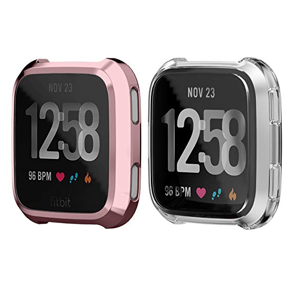 Fitbit Versa Screen Protector, amband Tpu Plated Cover All-around Protective Bumper Hd Clear ultra-thin Case for Fitbit Versa Smartwatch, Rose Gold/Clear