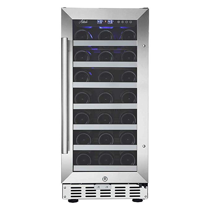 Aokinle 15 inch Wine Cooler-31 Bottle Compressor Wine Refrigerator,Built-in&Freestanding,Single Zone,Stainless Steel & Double-Layer Tempered Glass Door,Temperature Memory Function