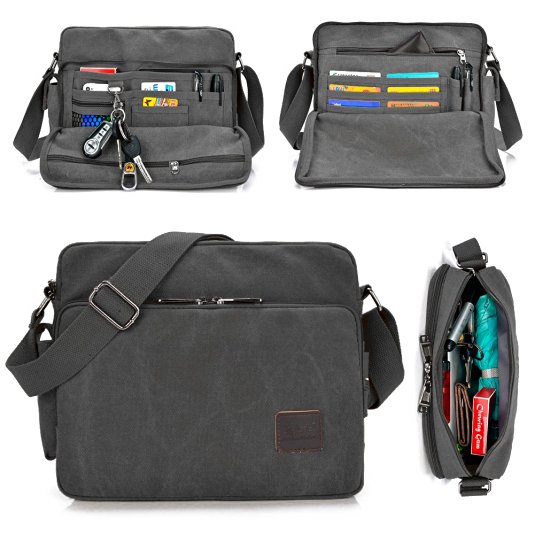 Messenger Bag, GSTEK Unisex Vintage Canvas Messenger Bags Casual Sling Shoulder Pack Daypack Satchel Bag for Work, School, Daily Use - 11.8"(L)x3.9"(W) x 10.2"(H), 26 Pockets