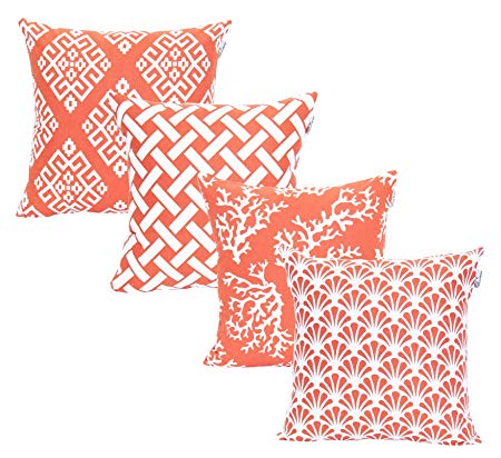 ACCENTHOME Square Printed Cotton Cushion Cover,Throw Pillow Case, Slipover Pillowslip for Home Sofa Couch Chair Back Seat,4pc Pack 18x18 in Coral Color