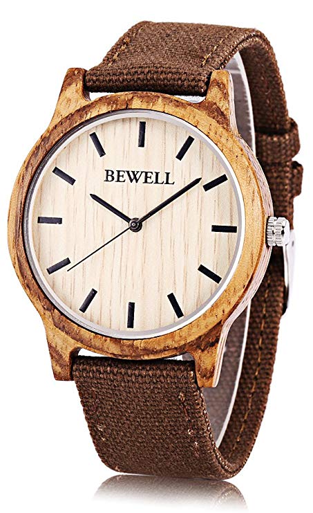 BEWELL Men Ultrathin Quartz Watch Canvas Band Lightweight Wooden Dial Wrist Watch