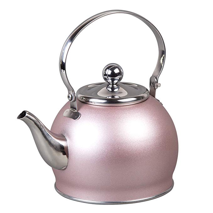 Creative Home 77098 Royal Stainless Steel Tea Kettle with Removable Infuser Basket, Folding Handle, 1.0 Quart, Rose Gold Finish