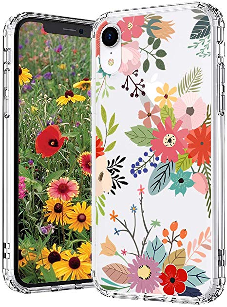 MOSNOVO iPhone XR Case, Flower Floral Pattern Printed Clear Design Transparent Plastic Back Case with TPU Bumper Protective Case Cover for iPhone XR